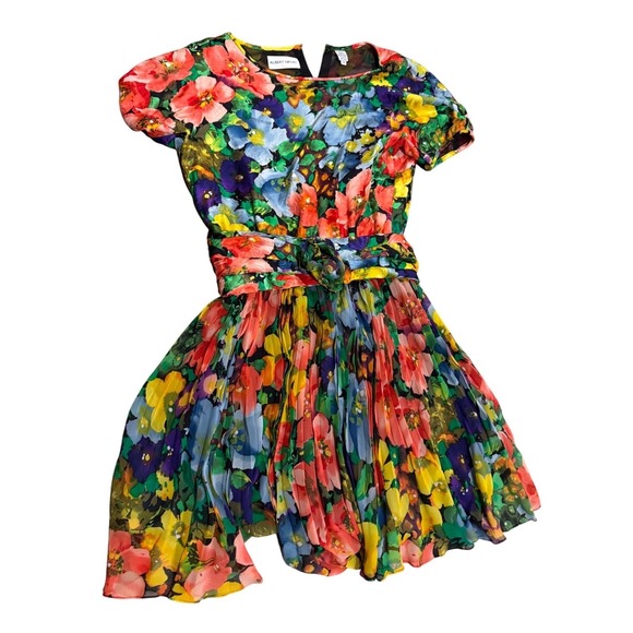 Albert Nipon Dresses & Skirts - Albert‎ Nipon Vintage 100% Silk Floral Pleated Dress Multicolor Short Sleeve 14